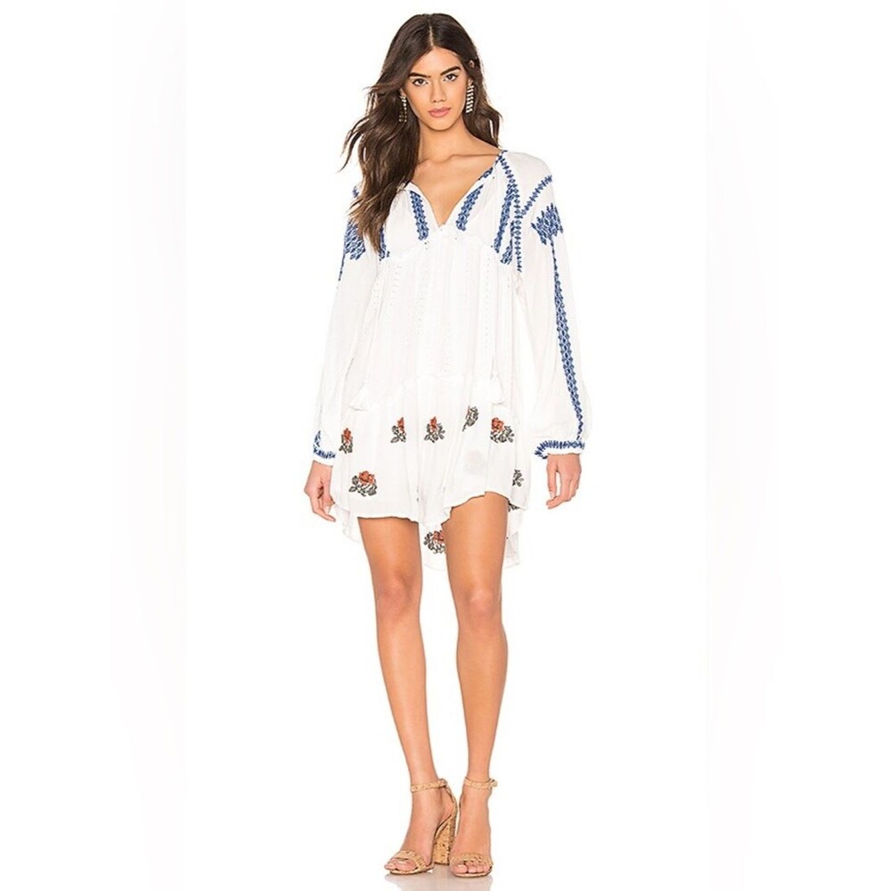 FREE PEOPLE Wild Horses Embroidered Mini Dress Oversized Sz S Boho Cottage Beach